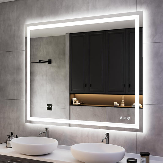 ISKM 48'' x 40'' LED Mirror for Bathroom Lighted Vanity Mirror for Wall Front Lights + Backlit LED Bathroom Mirror Anti-Fog Tempered Glass ETL Listed