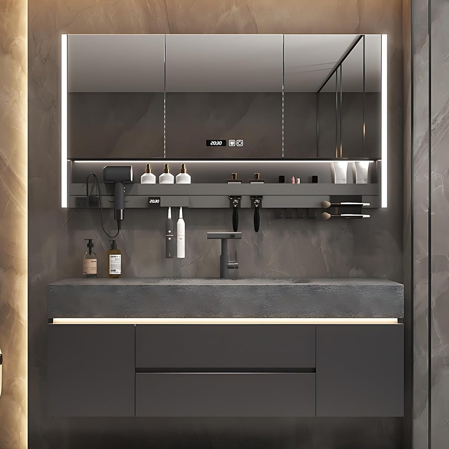 Modern Bathroom Vanity – Cabinet Set with LED Smart Defogging Mirror & Time Display | Bathroom Vanity with Sink, Large Space Storage with Easy Installation, 2 Drawers (Grey, 40IN)