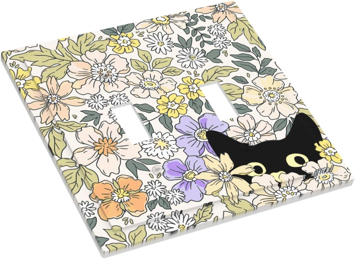 Decorative Light Switch Plate Covers Cute Black Cat in a Flower Patch Botanical Garden 2 Gang Wall Plate Double Toggle Double Light Switch Covers for Bedroom Home Decor （2 Pack）