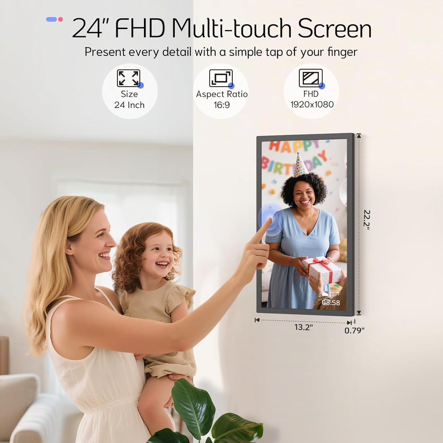 NexFoto 24 Inch Touchscreen Digital Picture Frame Large, WiFi Electronic Photo Frame 64GB, Add Pics from Google Photos, Upload Photos/Videos via App/USB, for Mom/Grandparents, Black