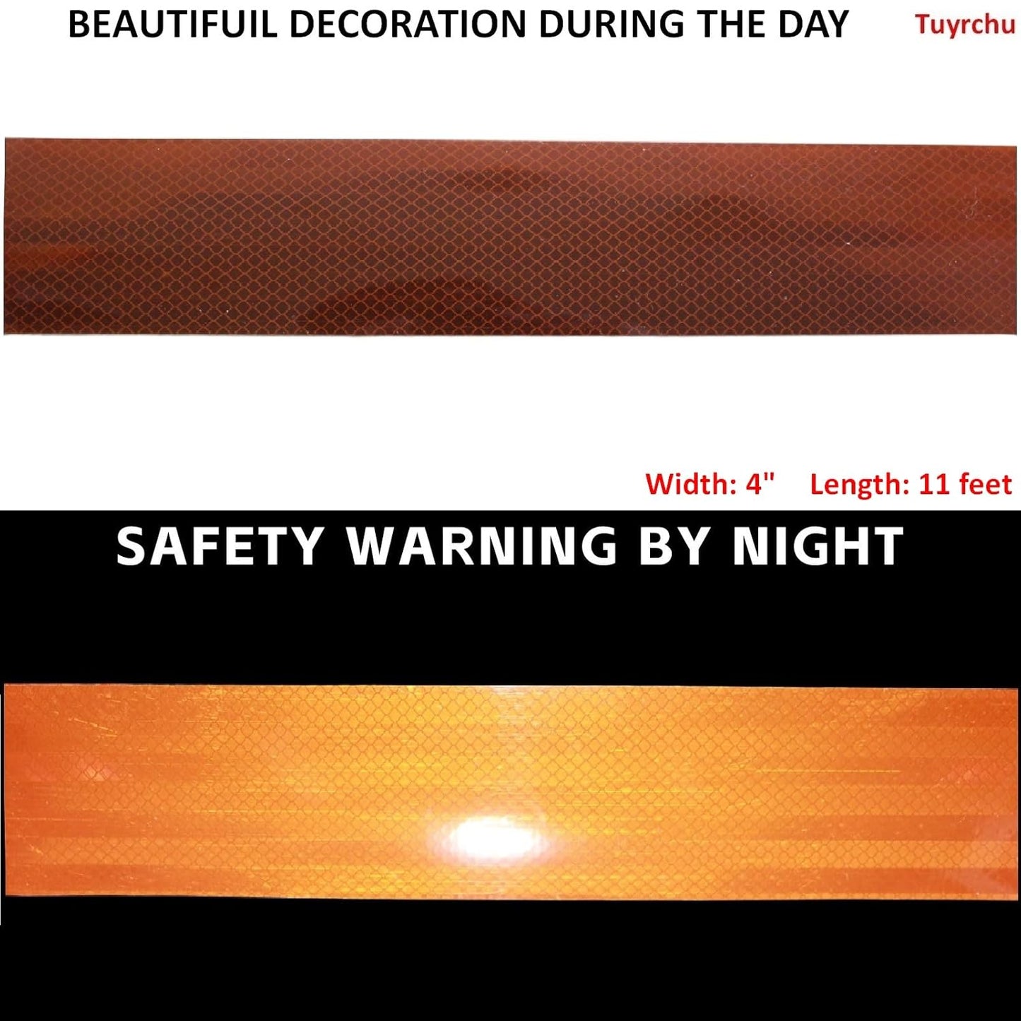 Non Fading Brown Reflective Tape Outdoor Waterproof 4 inch Wide, High Visibility Warning Safety Industrial Marking Tape (11 feet)
