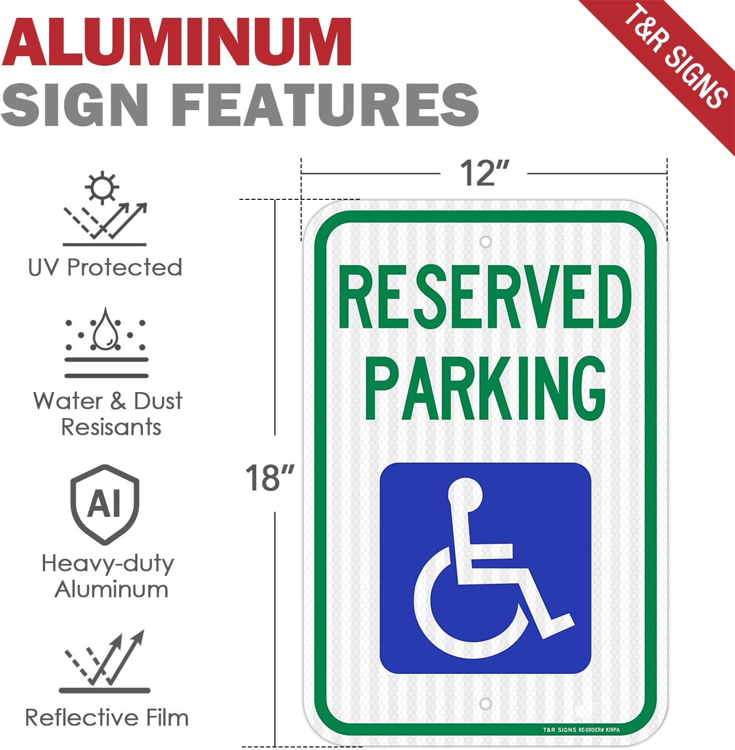 (1 Pack) Handicap Parking Sign, Reserved Parking Sign, Large 18" x 12" Engineer Grade Reflective Sheeting, Rust Free Aluminum, Weather Resistant, Waterproof, Fade Resistant, 2 Pre-drilled Holes