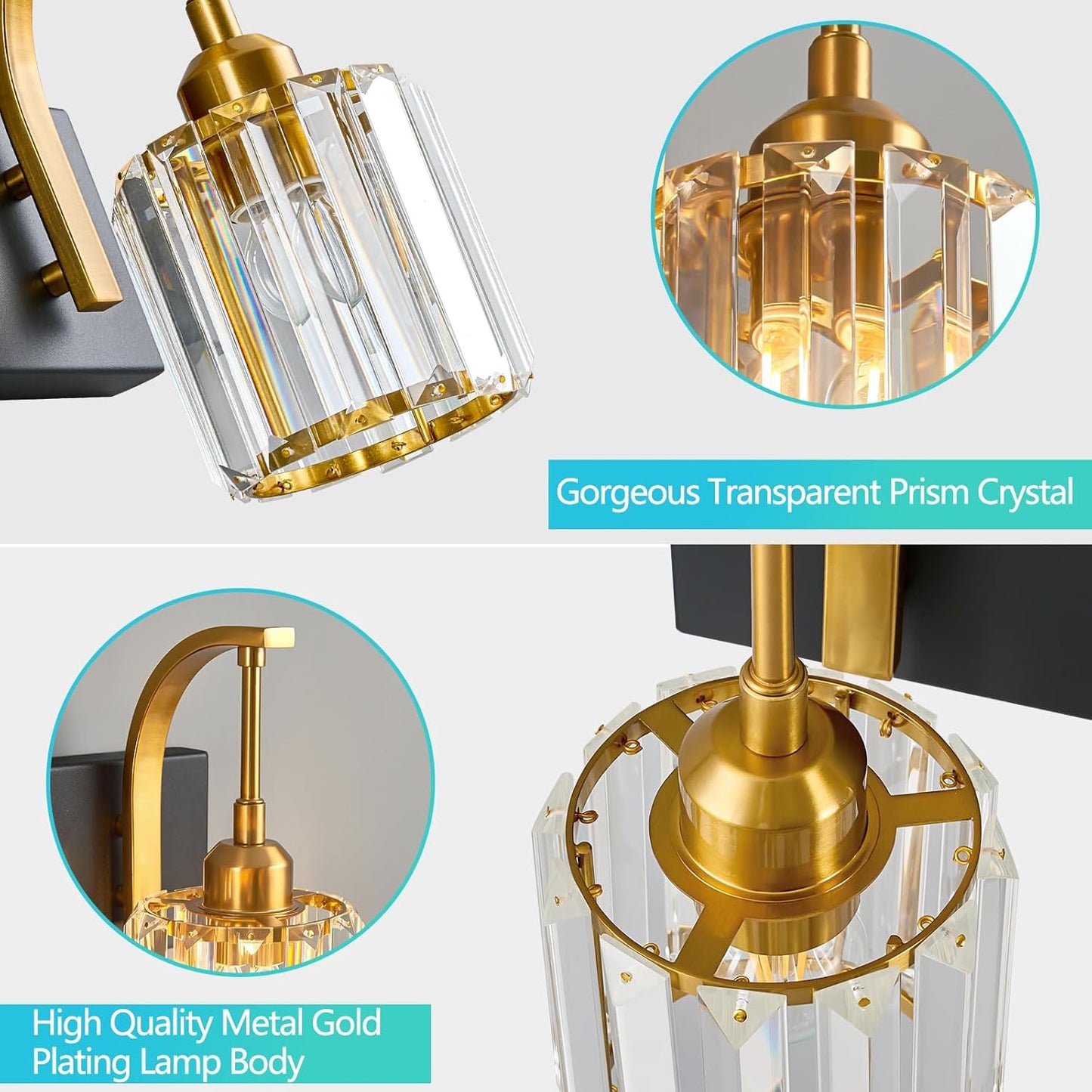 Wall Sconces, Set of 2 Black Gold Crystal Vanity Lights, Modern Wall Lamp for Bathroom, Hallway, and Makeup, Easy Installation