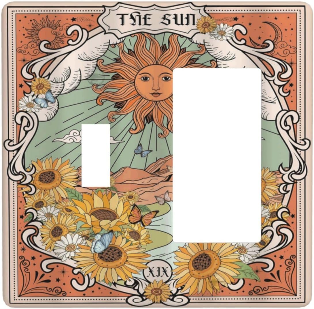 Boho Retro Sun Sunflower Vintage Flower Butterfly Outlet Covers 1 Toggle 1 Rocker Combination Decorative Wall Plate Electrical Switch Plates Light Switch Cover Plate for Farmhouse Home Decor