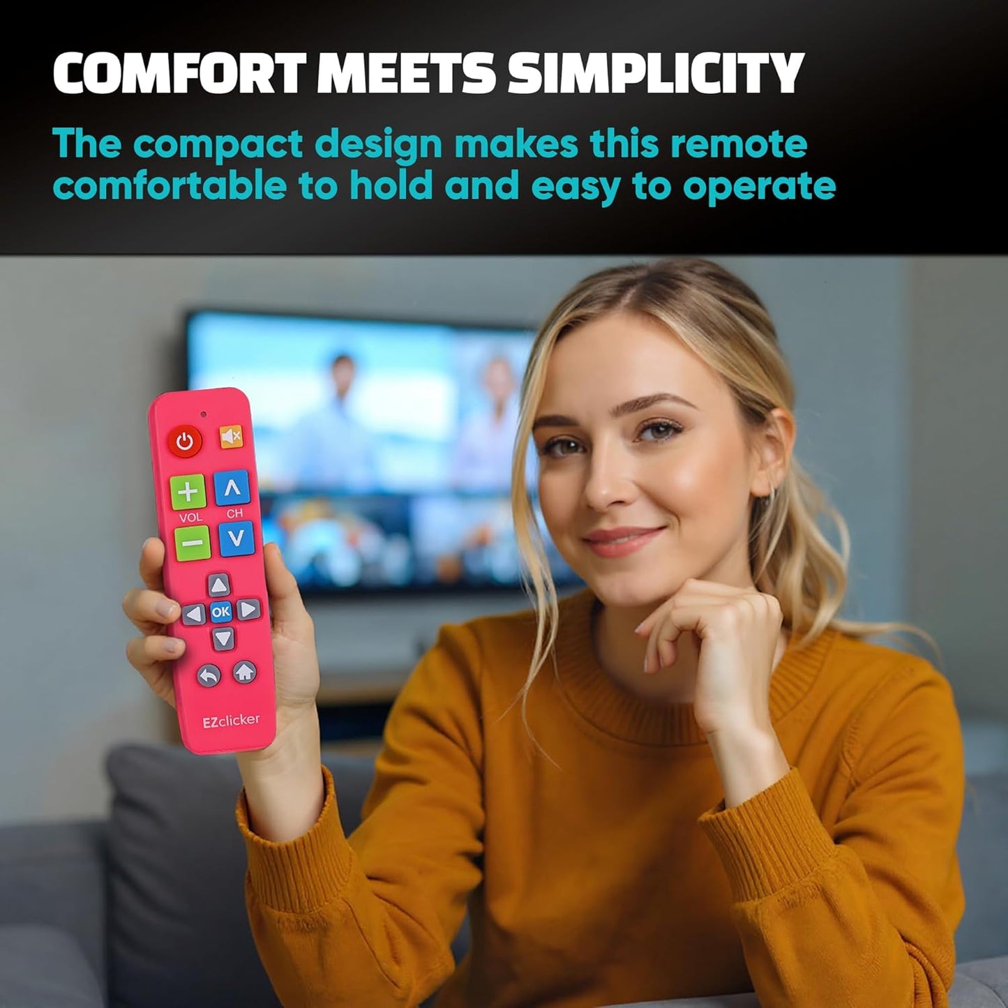 Plus Big Button Universal TV Remote (Pink) Simple Easy to Use, Works with Major TV Brands (2xAAA Batteries Not Included)