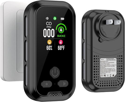 4IN1 Plug in Smoke & Carbon Monoxide Detector Combination Builti-in 2000 mAh Backup Battery HD Screen [Smoke CO Temp Humidity Sensor] Alarm for Home Travel Hotel Indoor (Black)