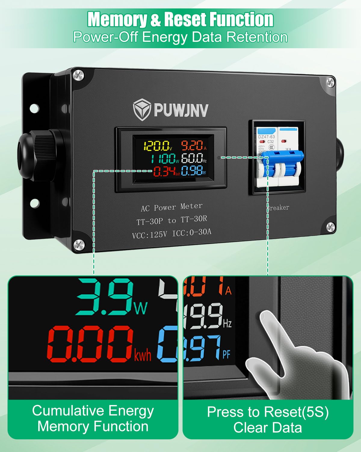 30A AC Power Meter, 125V NEMA TT-30P to NEMA TT-30R Outlet Energy Monitor, LCD Display Digital Multimeter Tester, Voltage Current Power Frequency Meter with Overload Protection