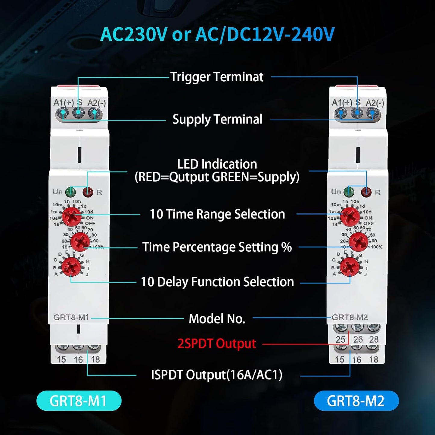 Time Relay Multifuction GRT8 M1 AC 230V with 10 Relay Timer Control Delay Function Mode DIN Rail Electronic Relays of Wide Time Delay Range for 0.1 Seconds to 10 Days
