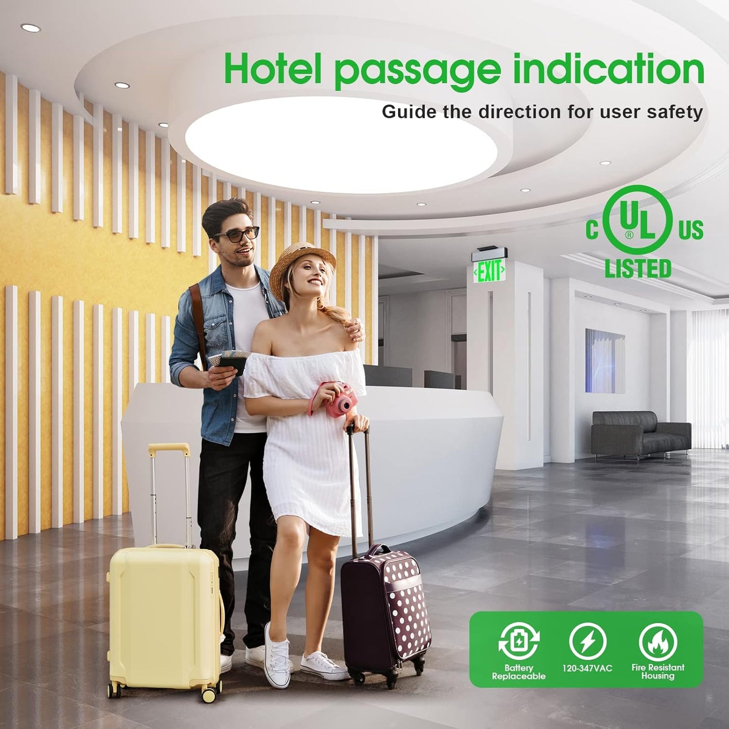 Green LED Edge Lit Exit Sign Brushed Aluminum Housing, UL Listed Emergency Exit Signs Single Sided Clear Acrylic with Battery Backup, AC 120-347V Hardwired Exit Lights, Top/Side/Wall Mount (1 Pack)