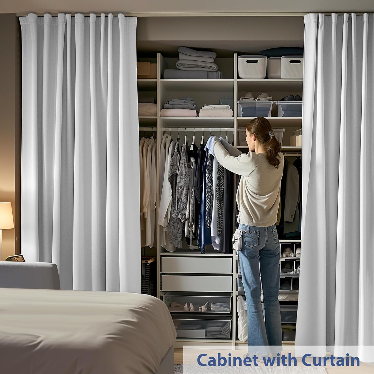 Room Divider Ceiling Mounted Curtains Track Sets Extra Wide Blackout Curtain Flexible Tracks for Bedroom Privacy Partition Separator, 1 Panel White Drape and White Rail, W15 x H8ft