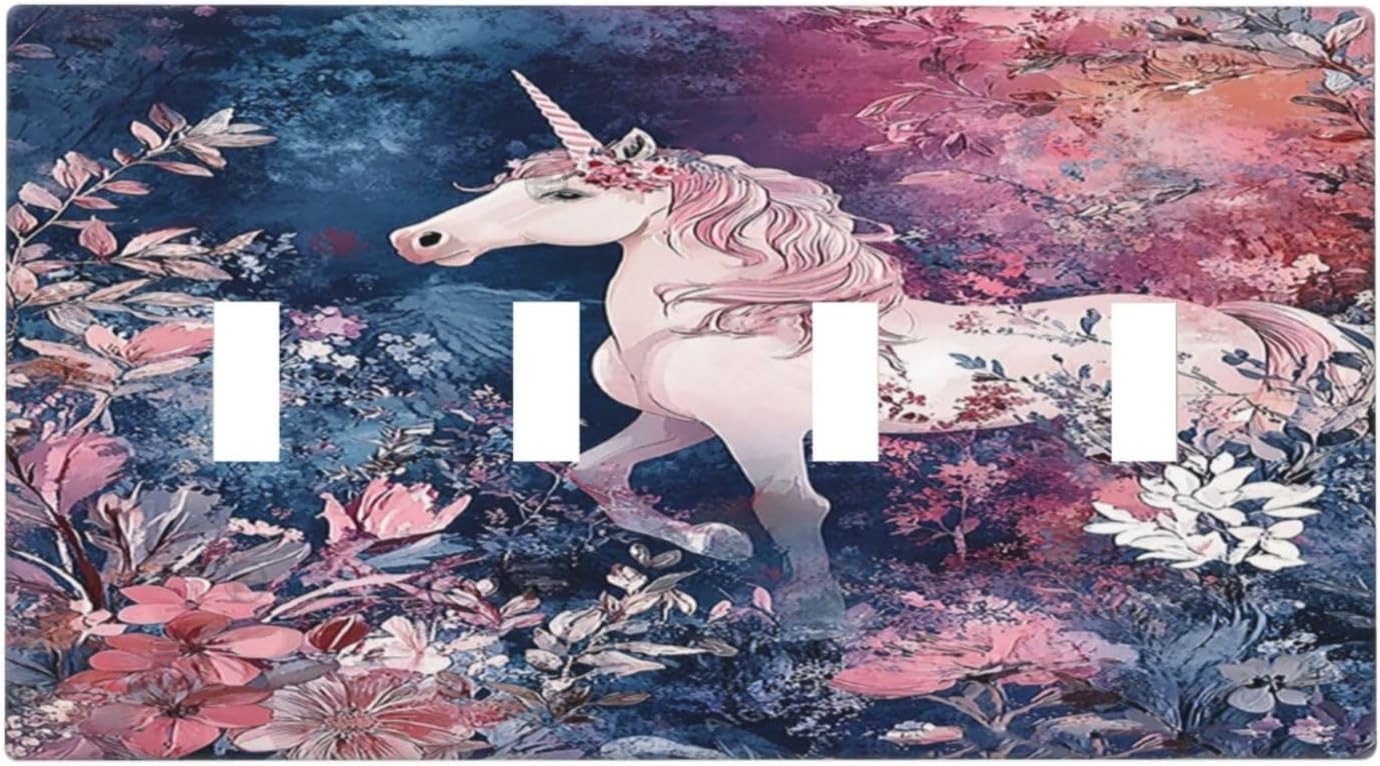 Light Switch Cover Plate Fantastic Pink Unicorn Wildflower Forest 4 Gang Quad Toggle Wall Plate Electrical Outlet Cover Decorative Switch Plate Covers for Bedroom Kids room Decor