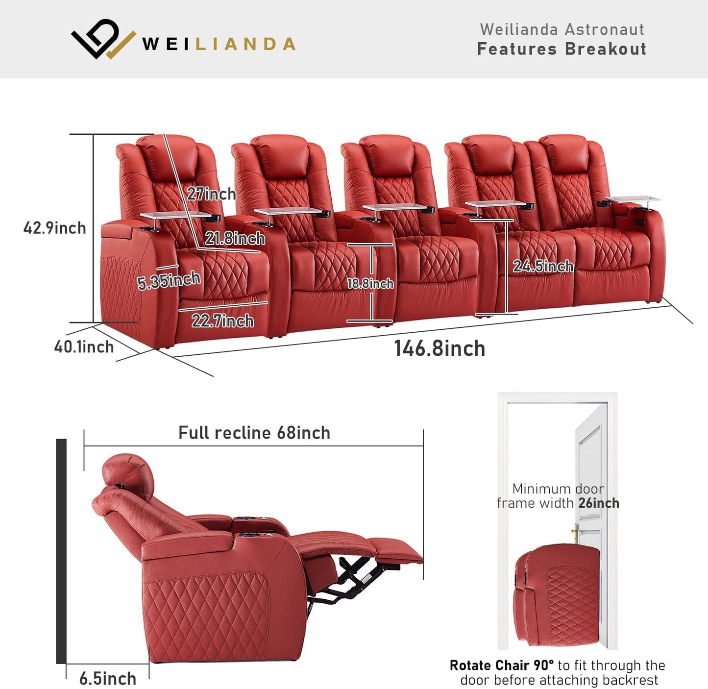 Weilianda Home Theater Seating Top Grain Leather Zero Gravity Recliner Chair Power Headrest Recline Movie Seat Gaming 7 Colors Mood Light Sofa with Tray Table USB Charge Row of 5 Loveseat Right Red
