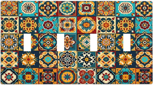 Mexican Talavera Ceramic Tile Moroccan Boho Light Switch Covers Quad Toggle Electrical Faceplate 4 Gang Wall Plate Decorative Switch Plates for Bathroom Kitchen Decor