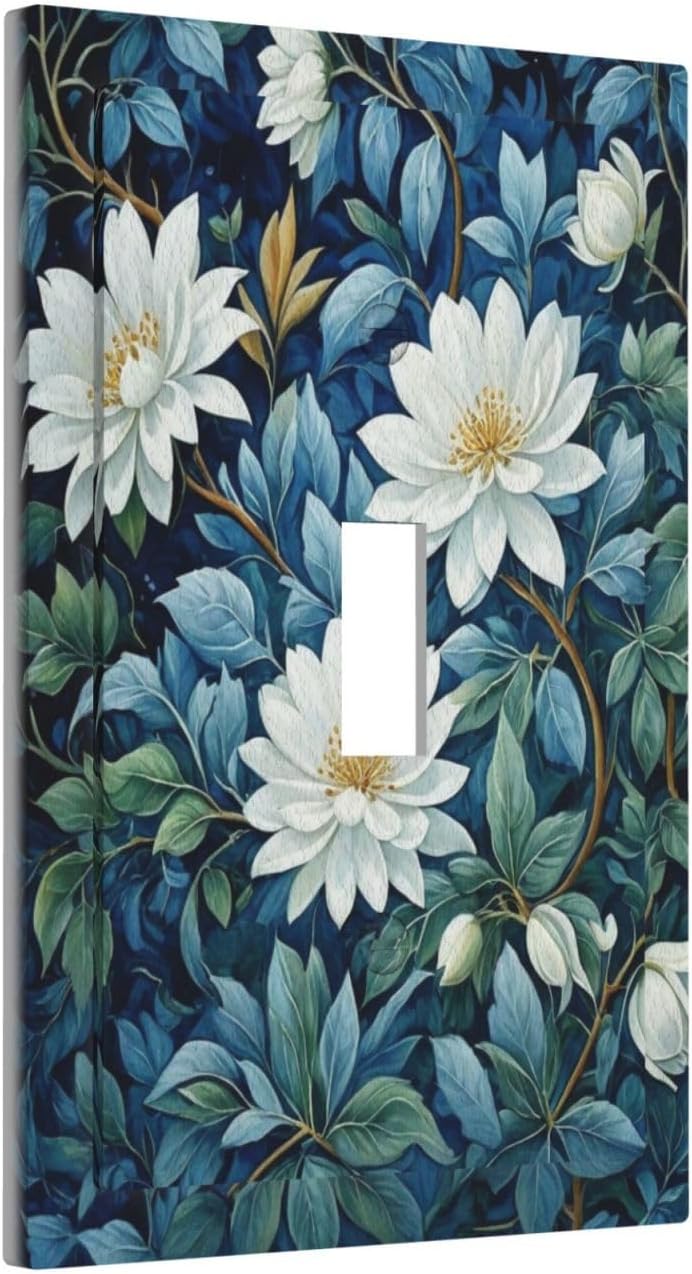 White Flowers Green Leaves Light Switch Covers 1 Gang Single Toggle Wall Plate Decorative Switchcover Electrical Switchplate for Country Living Decor
