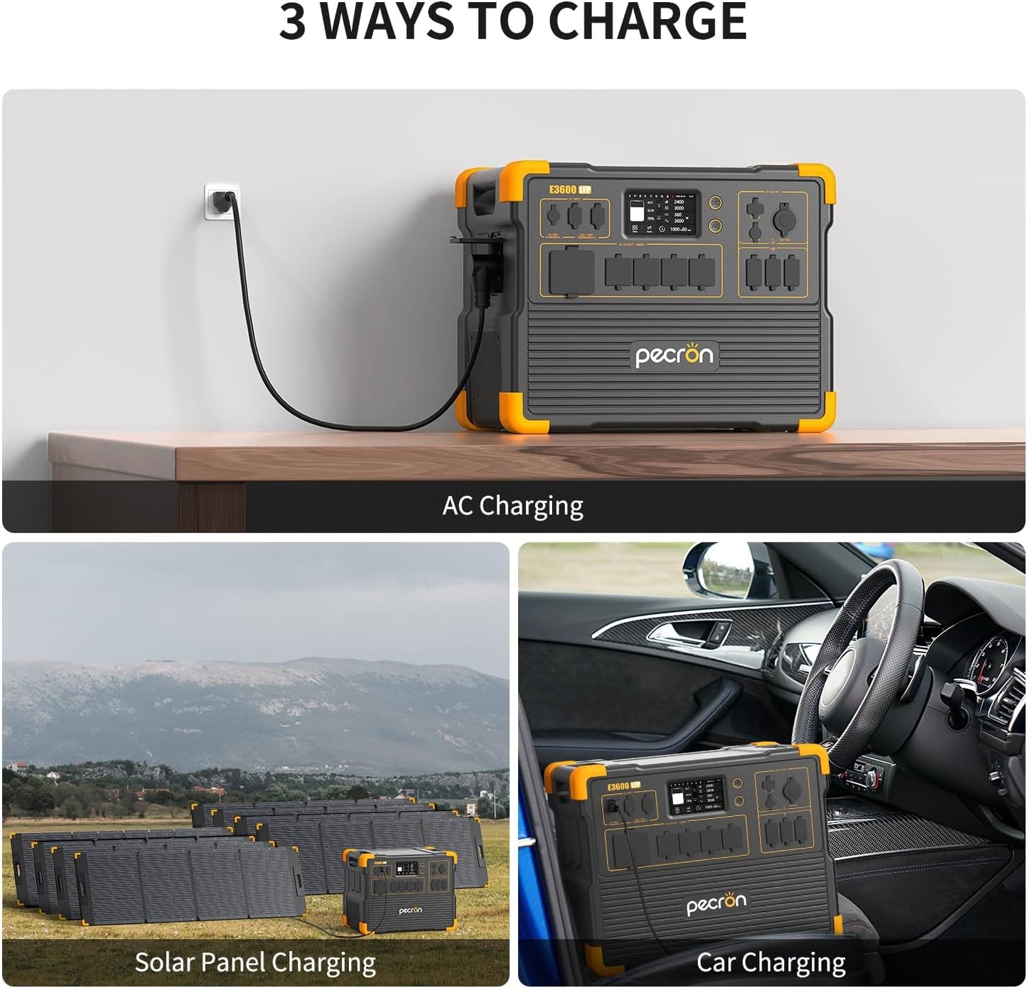 pecron Solar Generator E3600LFP 3072Wh with 300W Solar Panel, 5x3600W AC Outlets Portable Power Station, LiFePO4 Battery Backup Expanded to 15.36KWh, Power Station for Home Use, RV, Camping, CPAP
