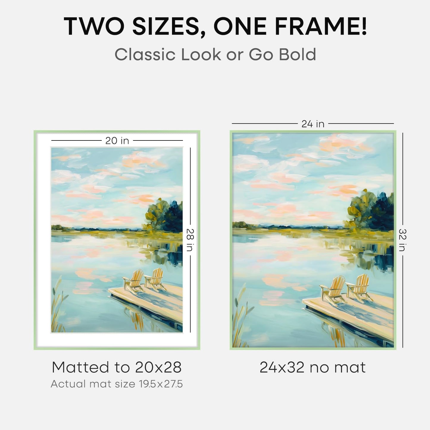 Homeforia 24x32 Sage Green Picture Frame, High End Metal 24x32 Poster Frames with Mat 20x28 inch Photo, 24 x 32 Thin Frame Matted to 20 x 28 Art, 32x24 Large Frames, Tempered Glass, Wall Kit, Set of 2