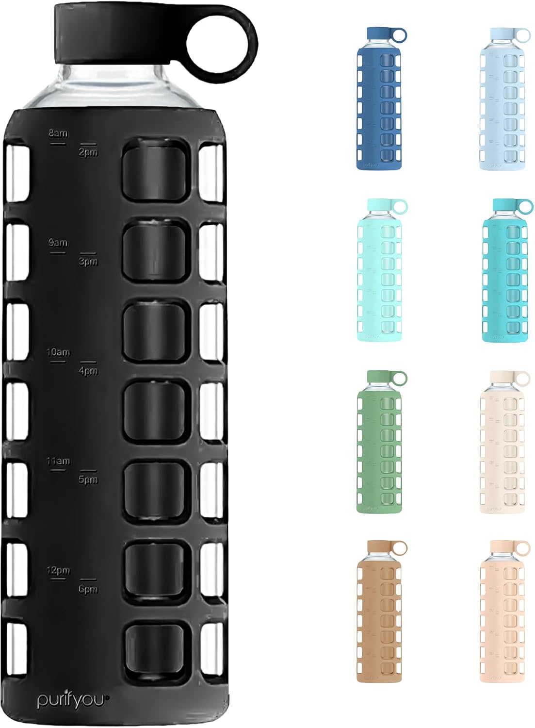 purifyou 40oz / 32oz / 22oz / 12oz Borosilicate Glass Water Bottle with Time & Volume Markers, Silicone Sleeve, Stainless Steel Lid | Reusable Glass Bottle for Water & Juice (40oz Jet Black)