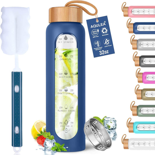 Aqulea Glass Water Bottles 32 Oz with Silicone Sleeve - BPA Free Reusable Wide Mouth Glass Motivational Water Bottles with Fruit Infuser – Leak Proof Borosilicate Water Bottle with Time Marker (Blue)
