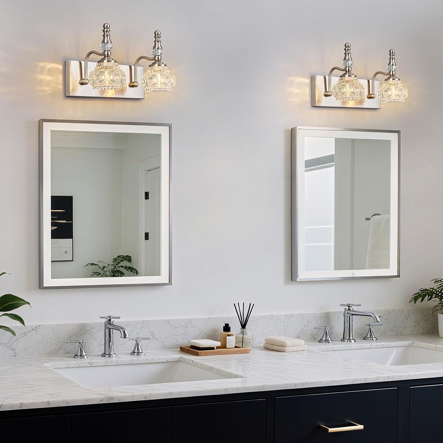 Modern Glass Crystal Vanity Light - Vintage Bathroom Lighting Fixtures Over Mirror, 2 Light Vanity Lights G9 Bulb (11.81 Inch, Nickel)