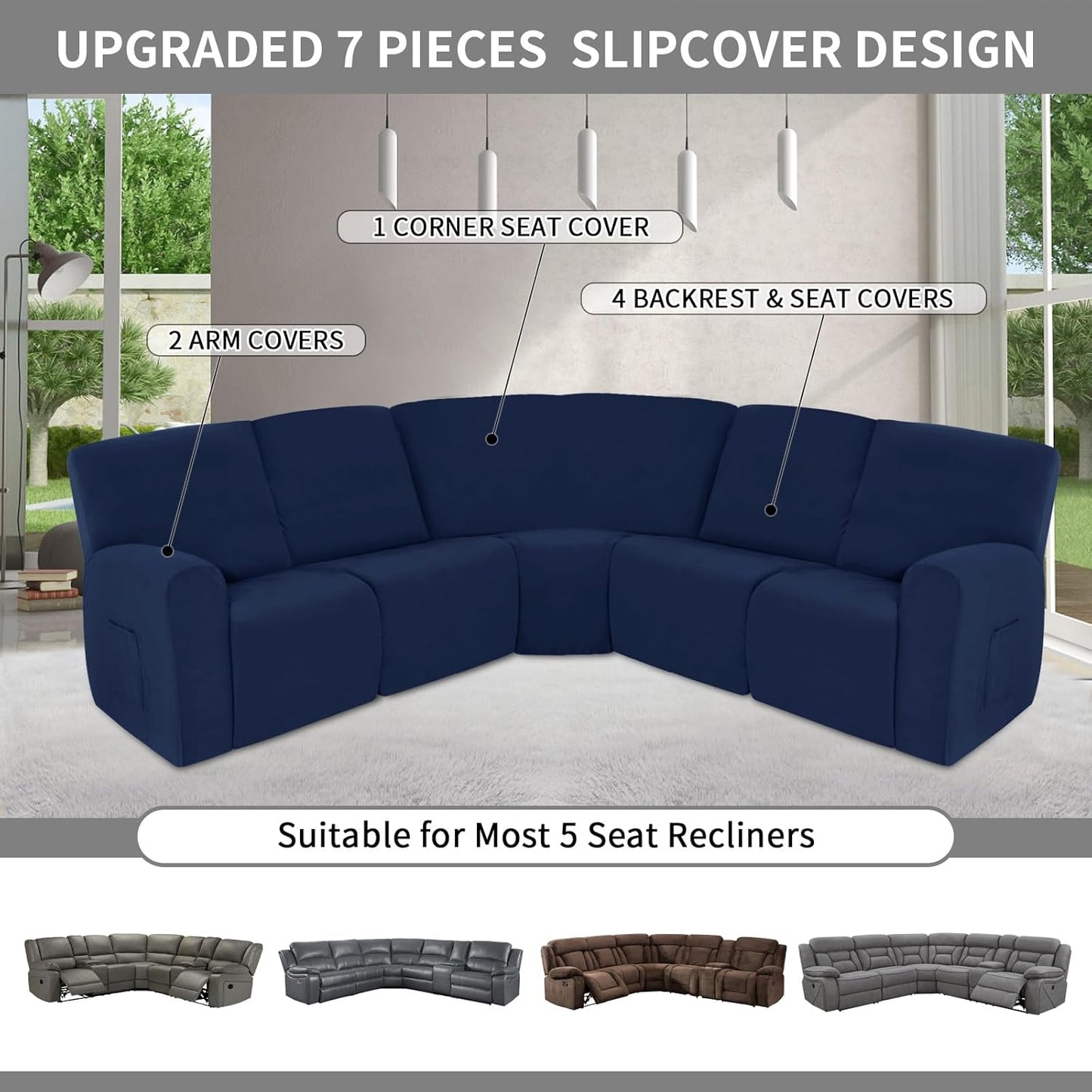 Easy-Going 100% Waterproof Recliner Cover, Stretch Couch Covers for Reclining Couches, Extra Large Sectional Sofa Slipcover, L-Shape Furniture Protector for Kids & Pets, 5 Seater, Navy