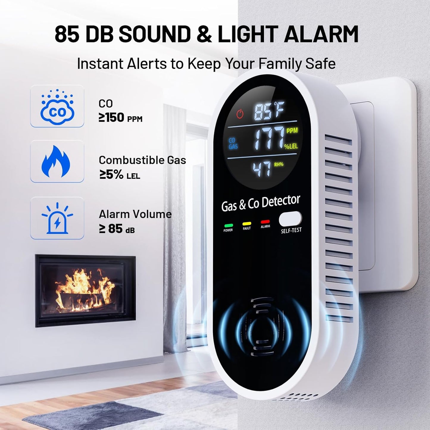 2 Pack Carbon Monoxide Detectors, 4-in-1 Combustible Gas & CO Detector Plug in with Temperature & Humidity Display for Home, RV & Travel