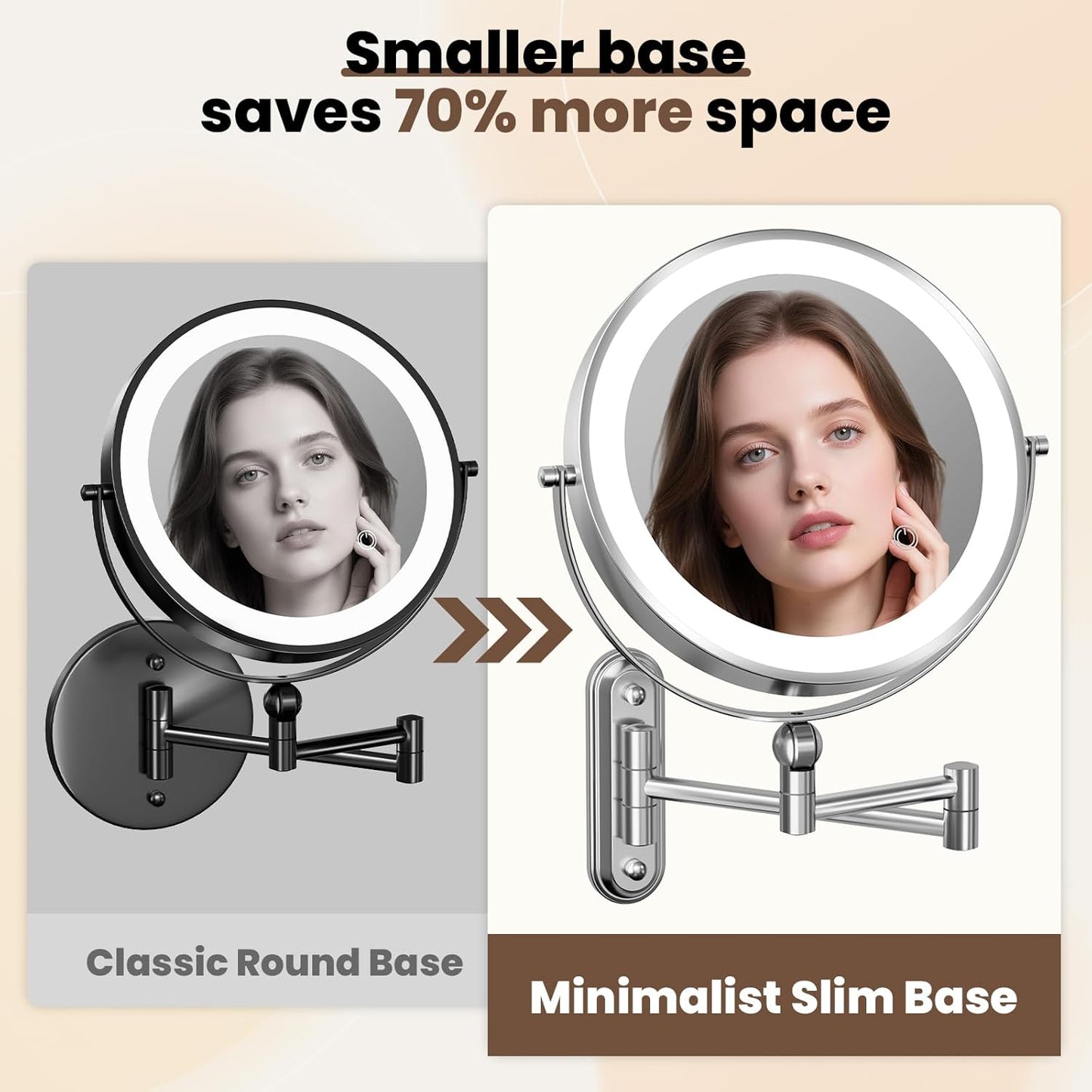 Rocollos 9-Inch Large Makeup Mirror with 30X Magnification, Rechargeable Wall Mounted Vanity Mirror with Lights, 3 Color Dimmable LED, Touch Screen & Retractable Arm-Black (9INCH-Chrome)