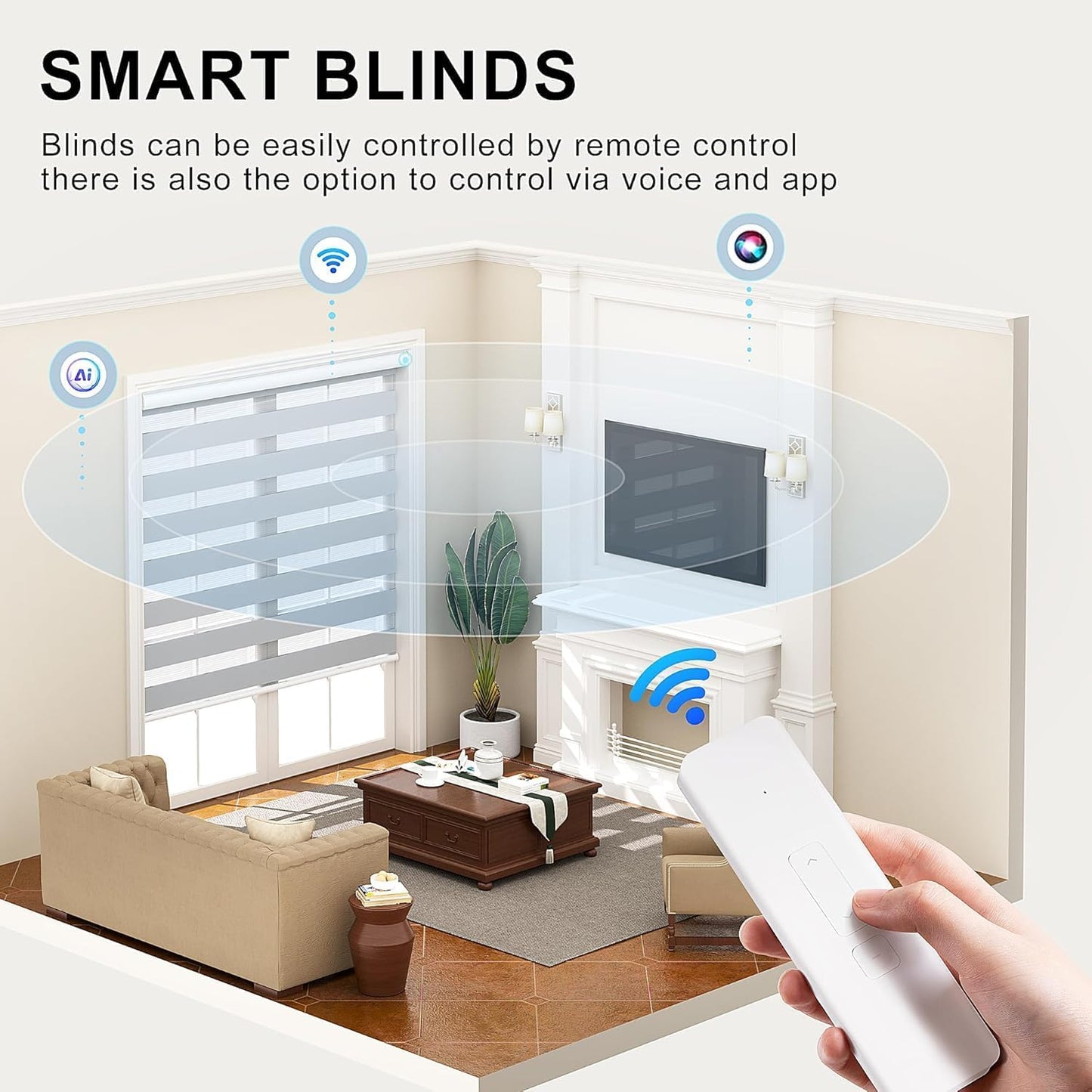 LazBlinds Motorized Zebra Roller Shades, Rechargeable Smart Blinds with Remote Control, Custom Size Light Filtering Dual Layer Roller Sheer Shades, Blue