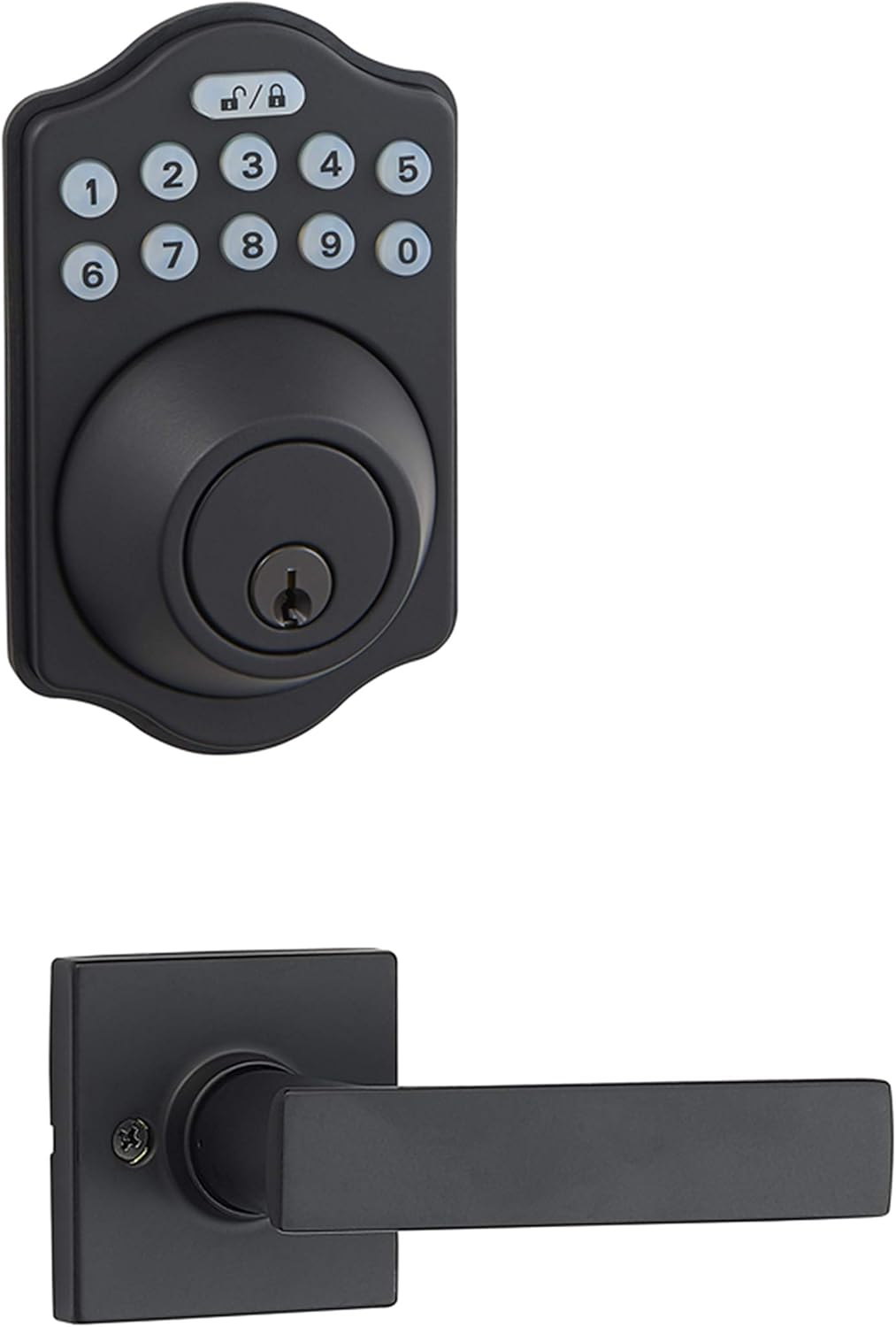 Amazon Basics Traditional Electronic Keypad, Keyless Entry Door Lock Deadbolt with Handle Set, Key Pad Front Door with Knob, Traditional Door Locks for Front Door, Door Handle, Matte Black, 6-Pack