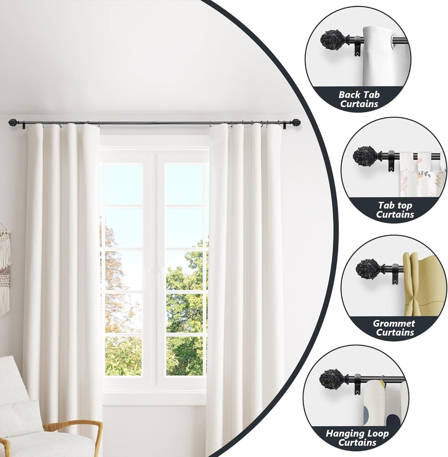 Curtain Rods for Windows 48 to 84 Inches 1 Inch Diameter Adjustable Drapery Rod Decorative Single Window Curtain Rods with Classic Finials,Black