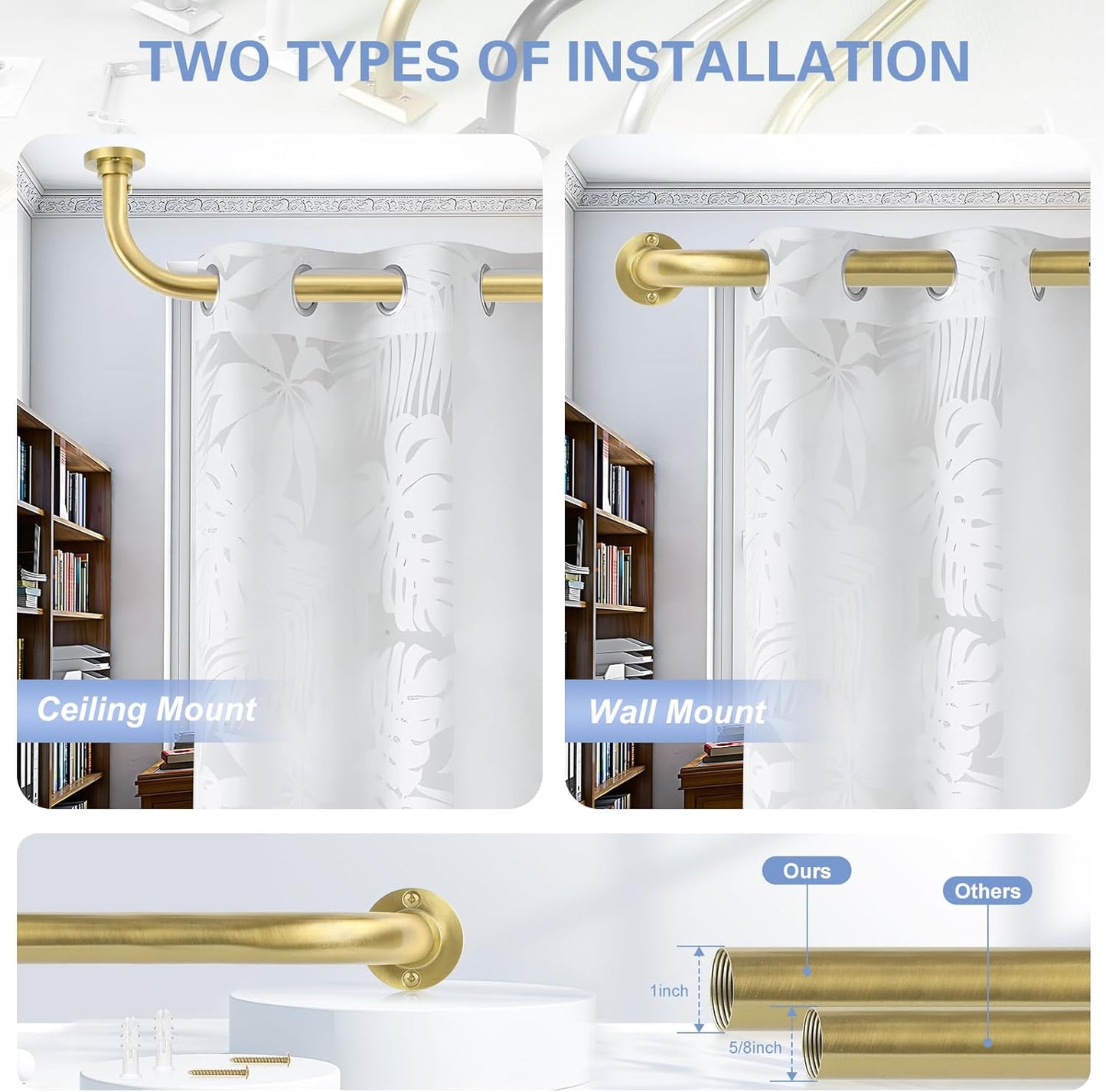 Gold Wrap Around Curtain Rods 28 to 60 Inch:Blackout Heavy duty Adjustable Window Curtain Rod for Bedroom,Industrial Darkening Curved French Metal Single Drapery Rods Easy Install,Brushed Gold