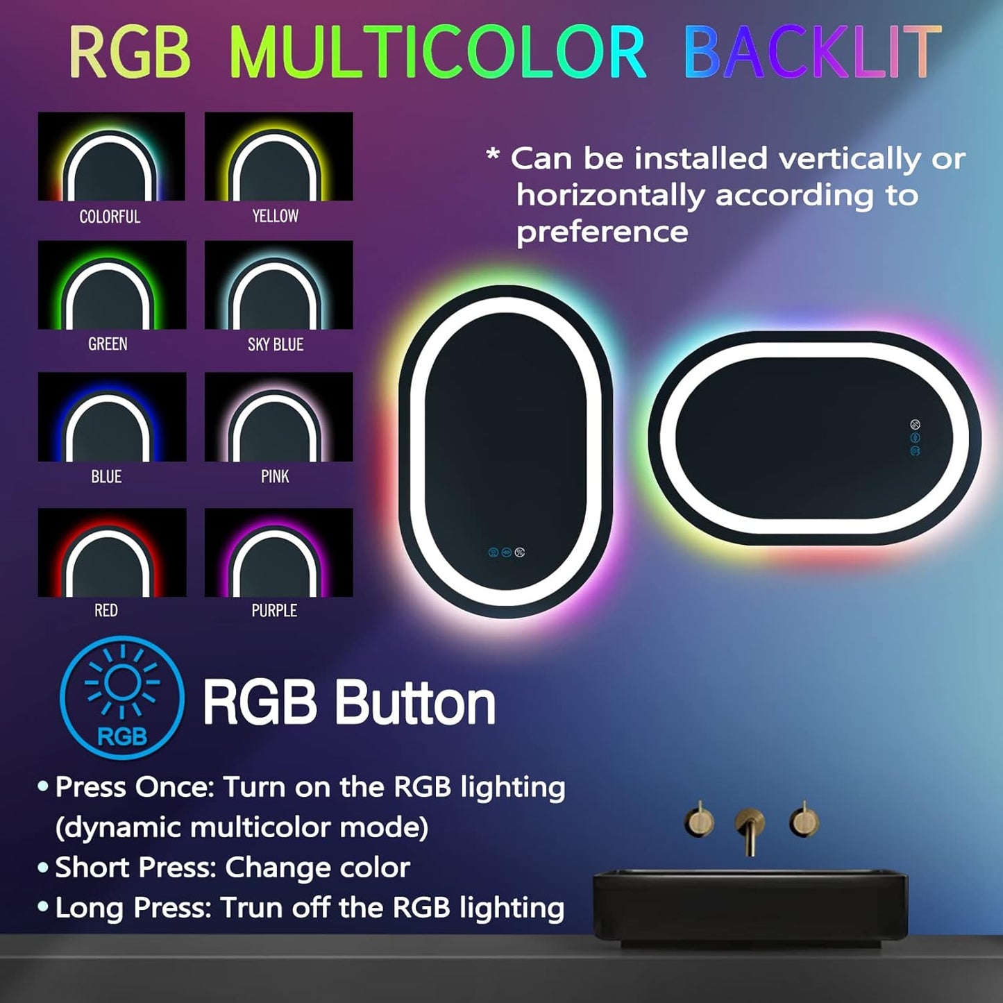 24 x 16 Inch RGB Oval Bathroom Mirror with Smart Dimmable 3 Color Front Lights & Rainbow Colorful Changing Backlit Oval Lighted Vanity Mirror for Bathroom Wall Horizontal or Vertical Mounted