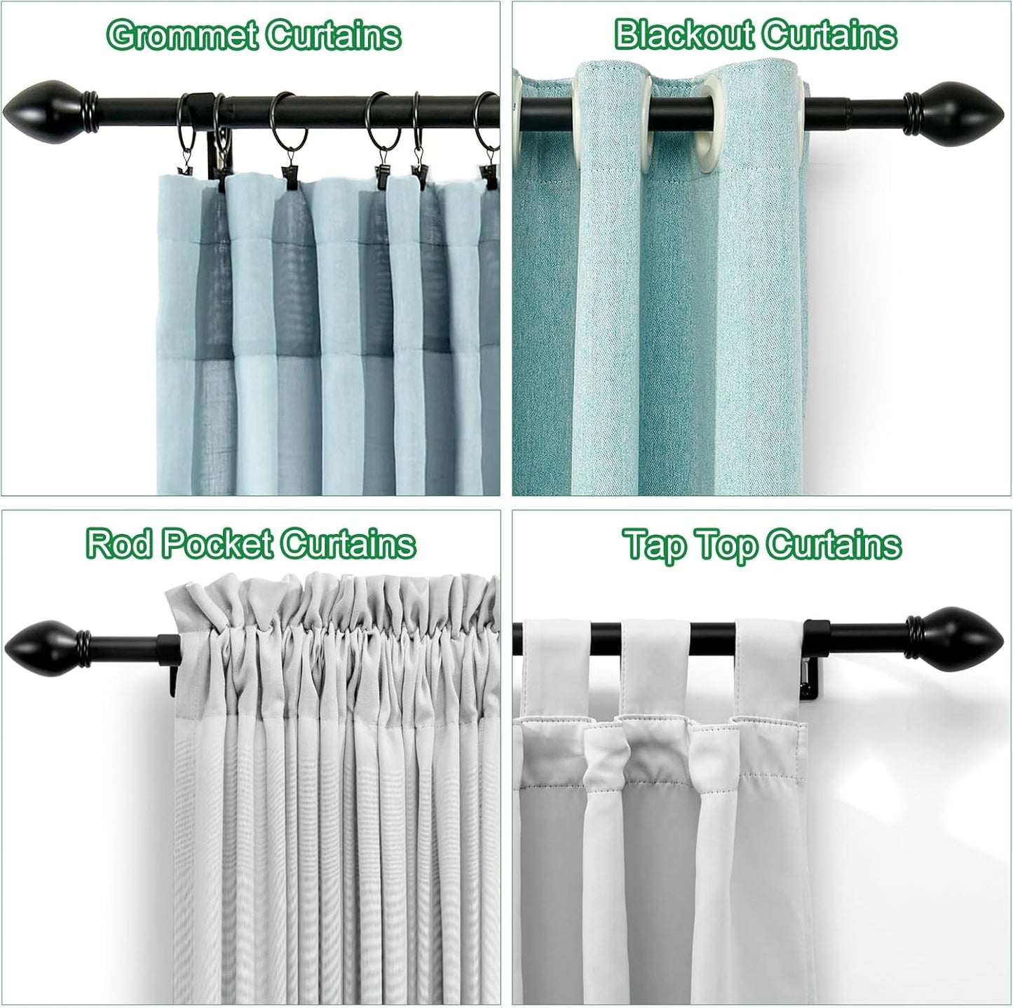 Curtain Rods for Windows 16 to 48 inches, Curtain Rod Max Adjustable Length to 60 in, Drapery Rod 1 inch Diameter with Modern Knobs Finials (Black, 16" to 48" - Set of 2)