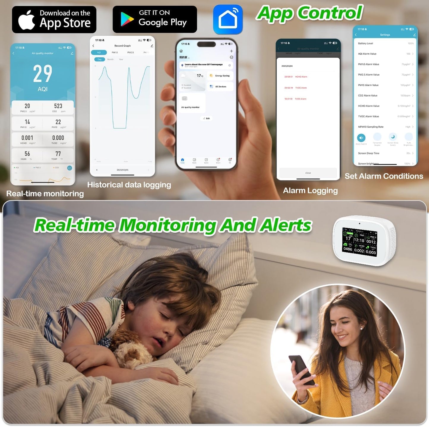 18-in-1 Smart Air Quality Monitor - Indoor WiFi Air Quality Detector with Dual Chip, Real-Time for AQI, CO2, PM2.5, PM1.0, PM10, TVOC, HCHO, Time Display, Temperature & Humidity (White-Black)