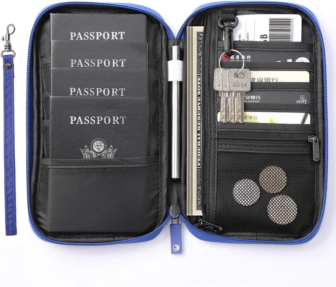 VanFn RFID Travel Passport Wallet, Family Passport Holder, Trip Document Organizer P.Travel Series (Nylon - Blue)