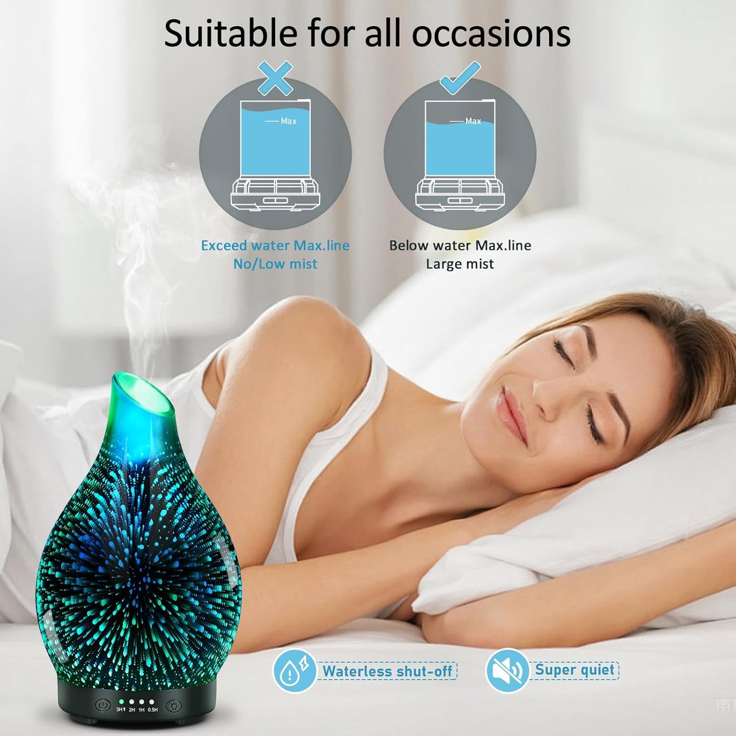 Essential Oil Diffuser 120ML -3D Firework Glass Aromatherapy Diffusers for Essential Oils with 4 Timer Setting Auto Shut-Off Silent Operation 7 Colors Lights Changing for Room, Office, Yoga