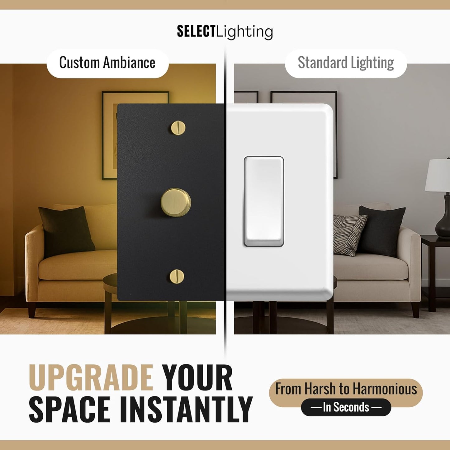 SELECT Black Brass Dimmer Light Switch, 1 Way Rotary Dimmer, 4 Gang TRIAC/Leading Edge Dimmable LED Light Switch, 15A 120V AC with Brass Knob, Faceplate & Dimming Module, UL Listed