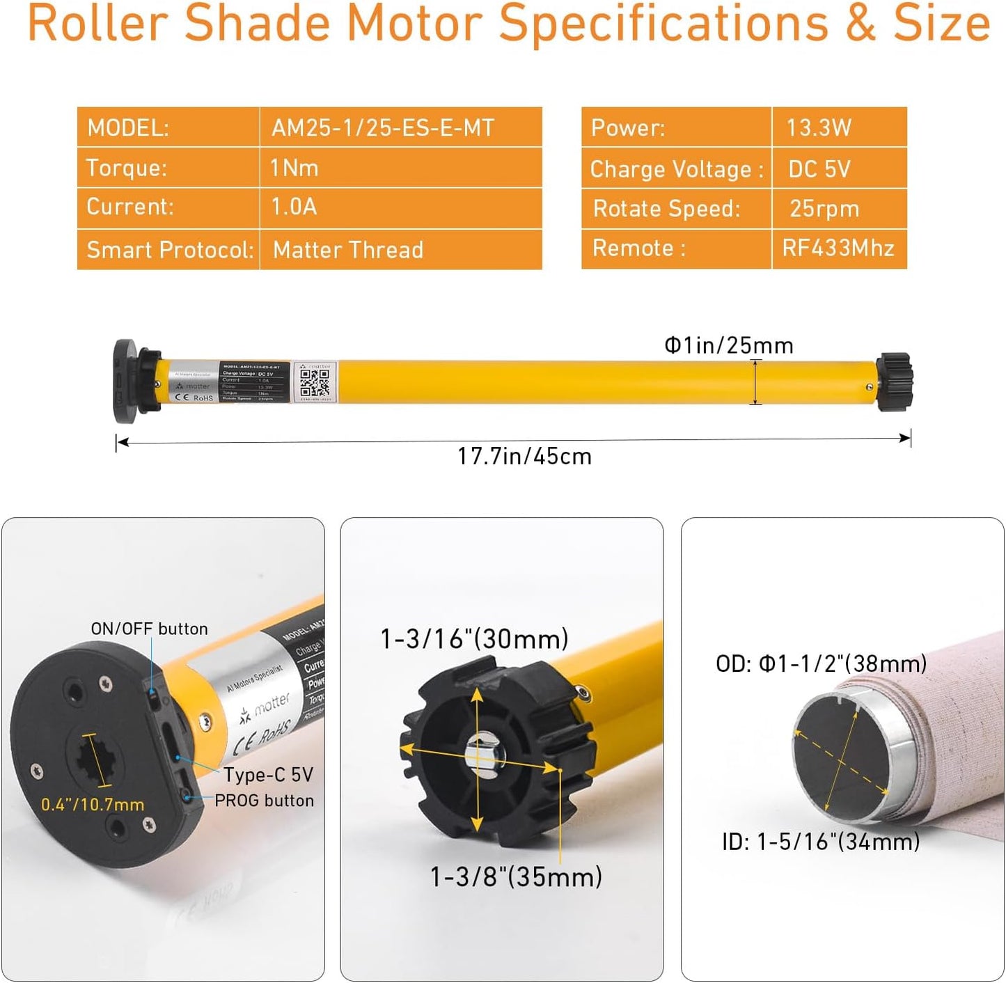 Smart Blinds Motor for 1.5"(38mm) Shade Tube Work with Homekit, Build with Matter Over Thread, Type-C Rechargeable Roller Shade Motor, Work with HomeKit, Home Assistant, Alexa, Motorized Blinds