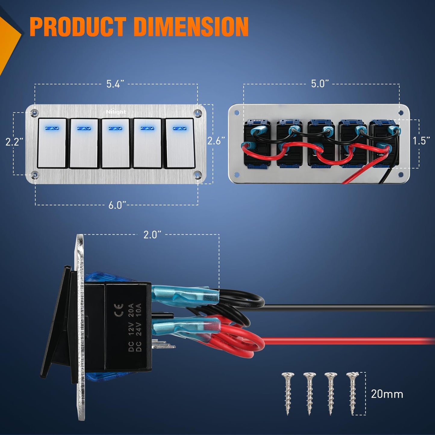 Nilight 5 Gang Rocker Switch Panel 3 Pin On Off Pre-Wired Blue LED Waterproof Aluminum with DIY Stickers for 12V 24V Automotive Cars Marine Boats UTV Truck Jeeps
