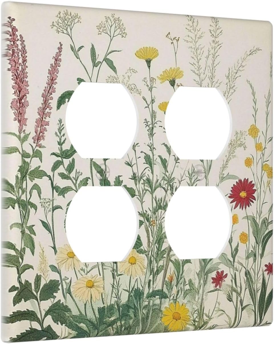 Rustic Wildflower Green Plants Daisy Floral Outlet Covers 2 Gang Double Duplex Decorative Light Switch Covers Electrical Wallplates Socket Faceplate For Farmhouse Bed Room Decor