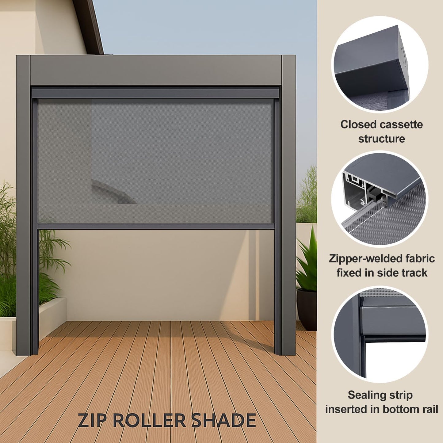 ZSHINE Hard-Wired Outdoor Snow Blocking Weatherproof Motorized Patio Roller Shades Remote Control for Porch Balcony Customized Size (Grey 10% Openness)