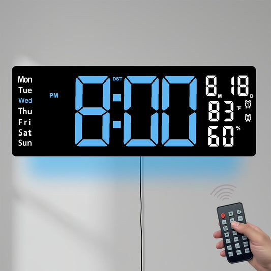 17.5 Inch Blue LED Digital Wall Clock with 8 Ambient Light Colors｜Displays Time,Date,Day,Temperature&Humidity,Dual Alarms,Countdown&Stopwatch,DST,10-Level Auto/Manual Brightness｜Modern Silent Clock