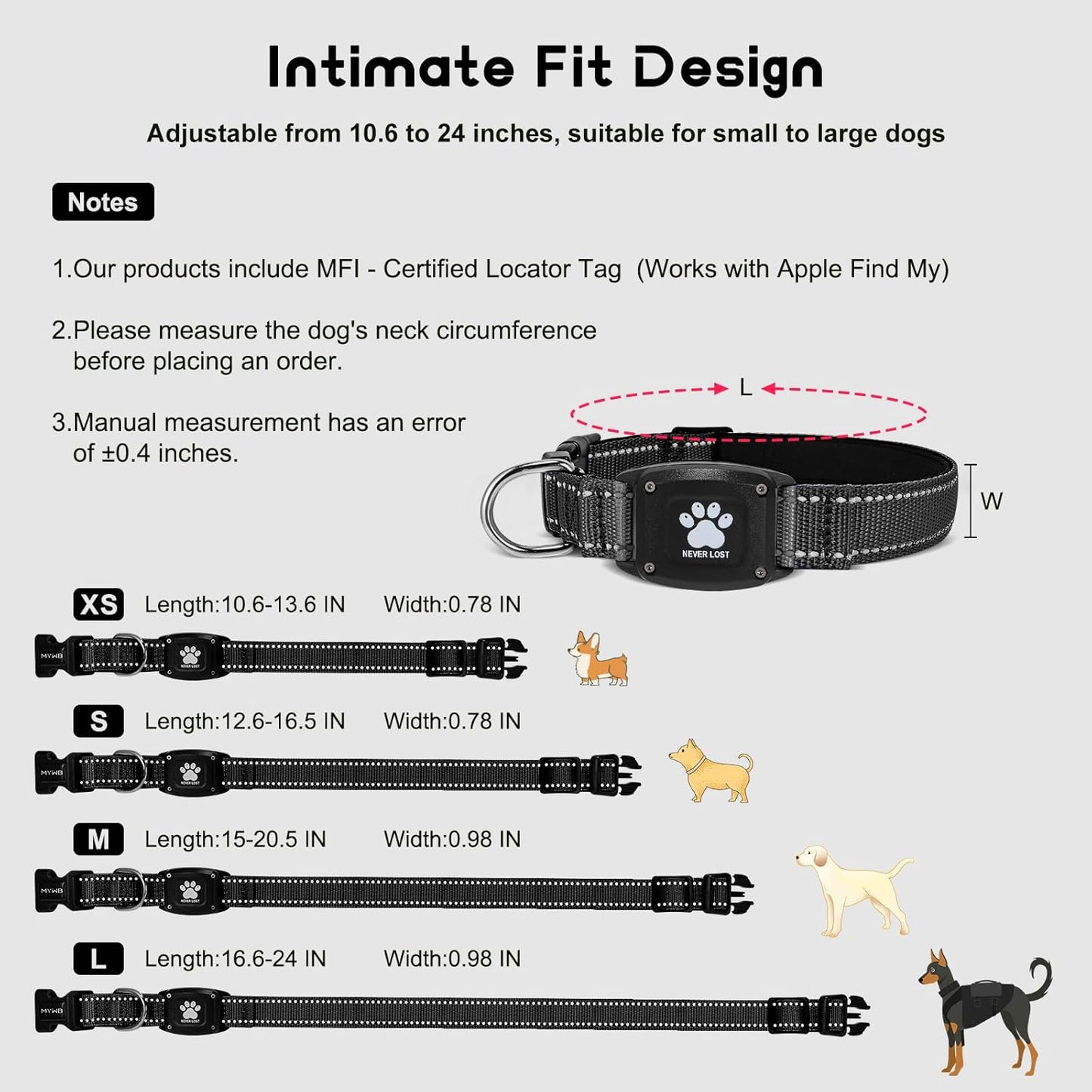 GPS Dog Collar Tracker 2-in-1,Reflective Waterproof Pet Collar,iOS-Only,No Monthly Fees,Unlimited Range,Ideal for Dog Tracking pet Tracker,for Small Dogs(S (12.6"-16.5" Width:0.78"), Black)