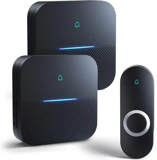 AIDA Lighted Wireless Doorbell for Home, Waterproof Battery Doorbell Wireless 1,000ft Range, 5 Volume Levels with 58 Doorbell Chimes & LED Flash (Black, Doorbell with 1 transmitter & 2 Receiver)