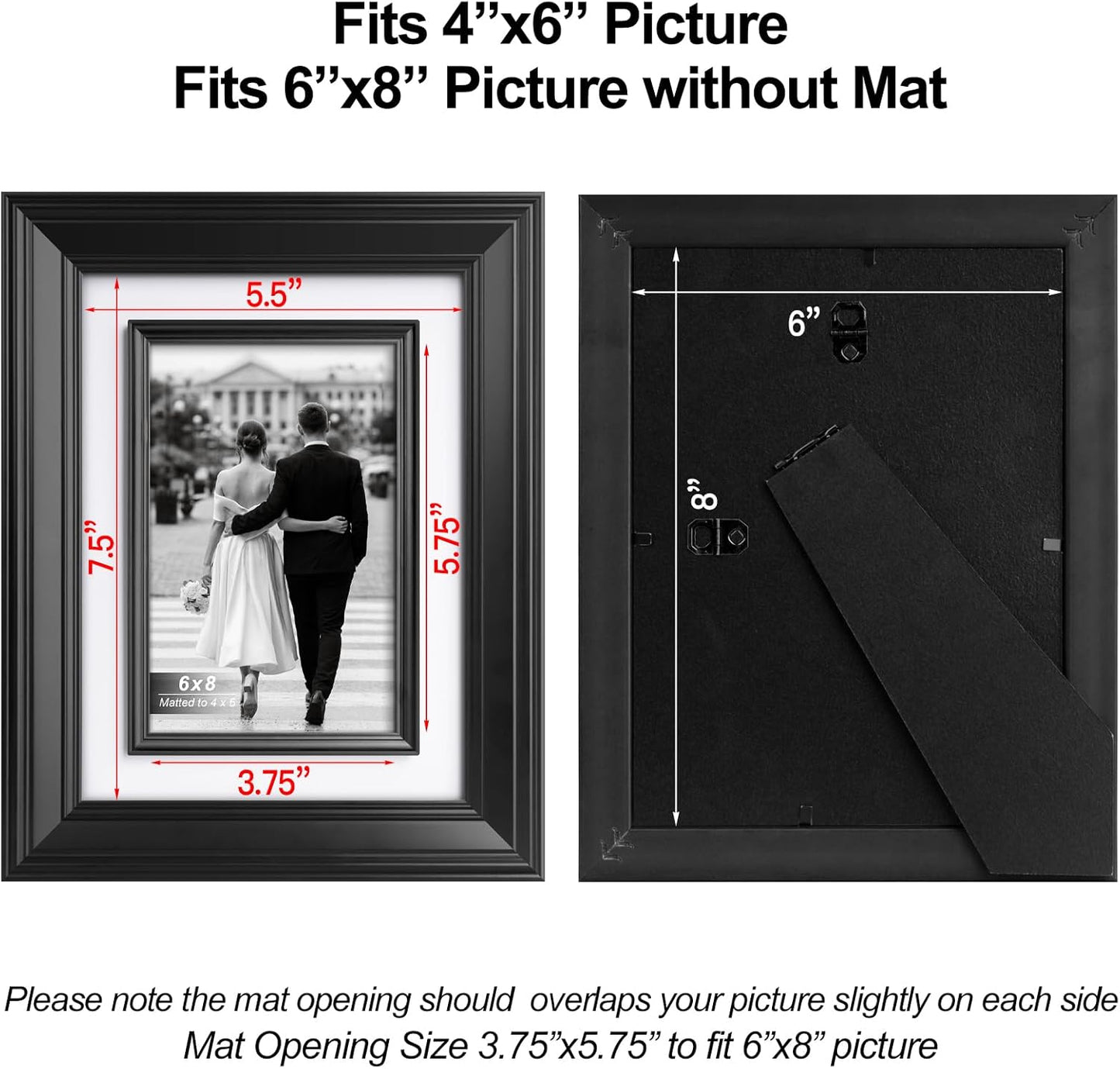 Yaetm 6x8 Black Picture Frame with Decorative Inner Frame & Tempered Glass, Display 4x6 Photos with Mat - Portrait or Landscape - Tabletop & Wall Mount for Office & Home Décor (Black, 2 Pack)