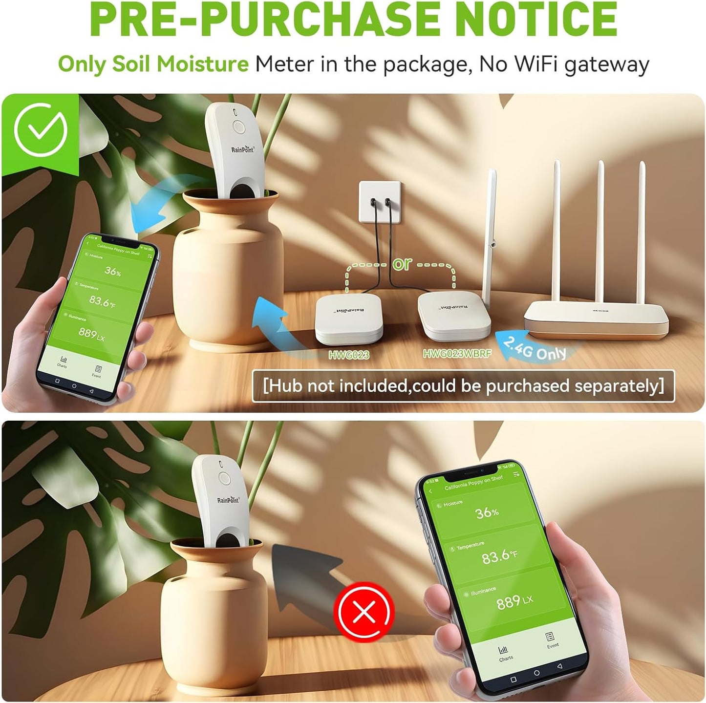 RainPoint 3-in-1 APP Remote Monitoring WiFi Soil Moisture Meter for Plants Indoor/Outdoor,IP66 Waterproof Sensor Only Can Not Use Alone,Smart Wireless Temperature Sunlight Hygrometer