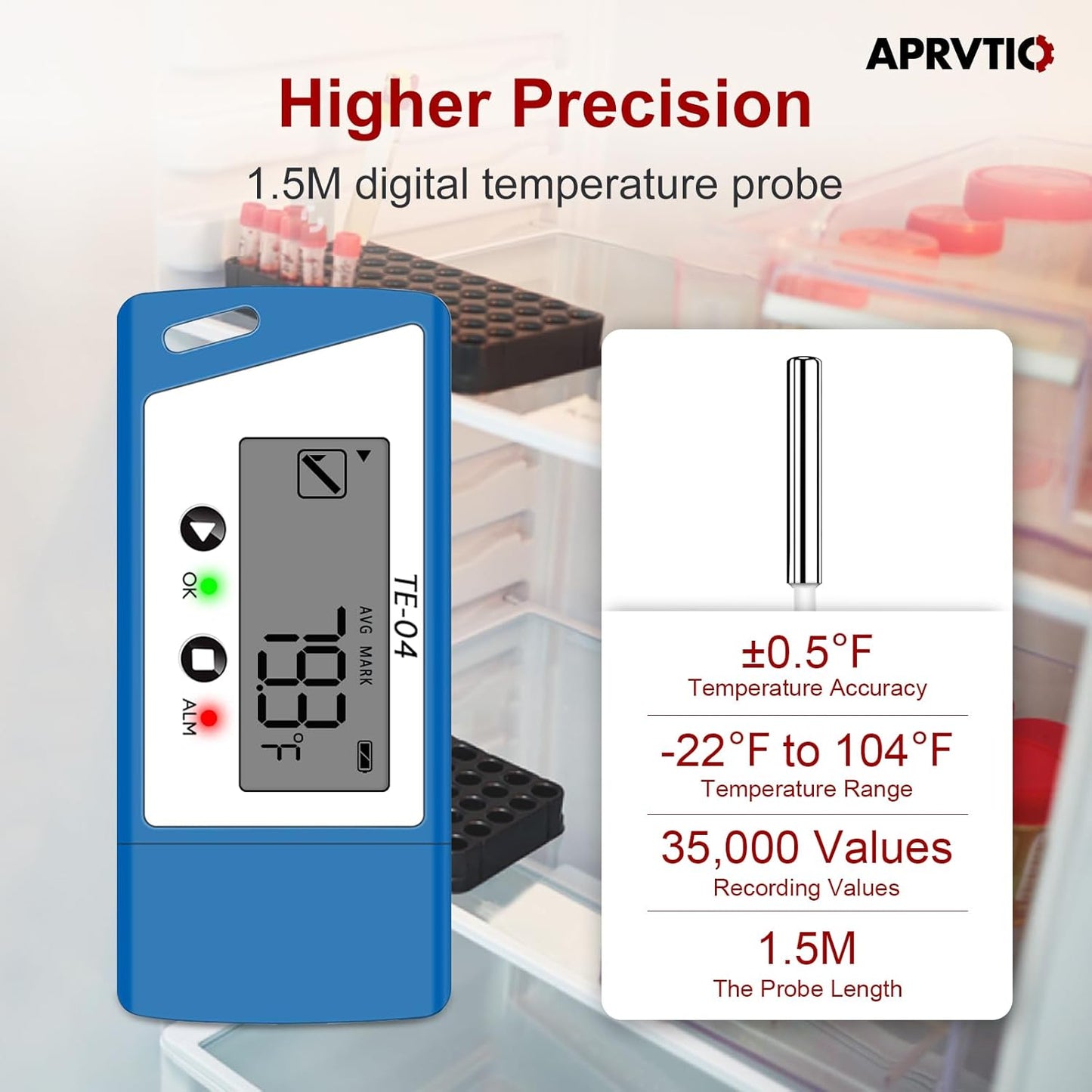 TE-04 5PCS Temperature Data Logger with External Probe, Auto PDF& CSV Report, 35,000 Points, Large Display Pause Recording Function, Temperature Recorder for Cold Chain Vaccine Storage
