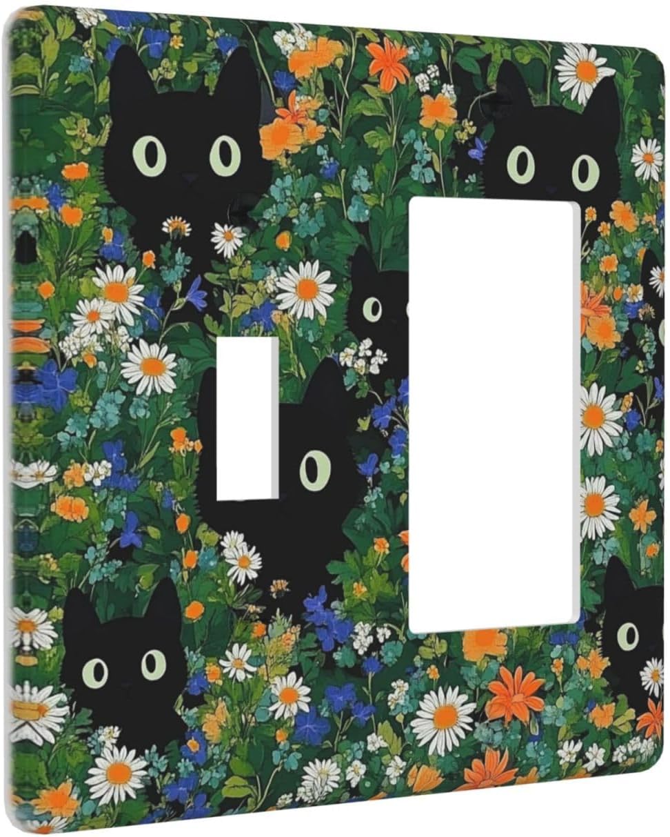 Boho Funny Black Cute Cats Daisy Wildflower Outlet Covers 1 Toggle 1 Rocker Combination Decorative Wall Plate Electrical Switch Plates Light Switch Cover Plate For Kids Room Bed Room Decor