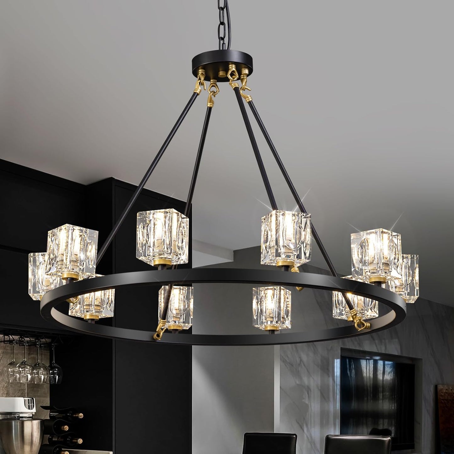 Black Wagon Wheel Chandelier,10-Lights Crystal Chandeleirs with Adjustable Height, Dining Room Light Fixture, Hanging Lights for Kitchen Island, Living Room, Bedroom, Entryway, G9 Base