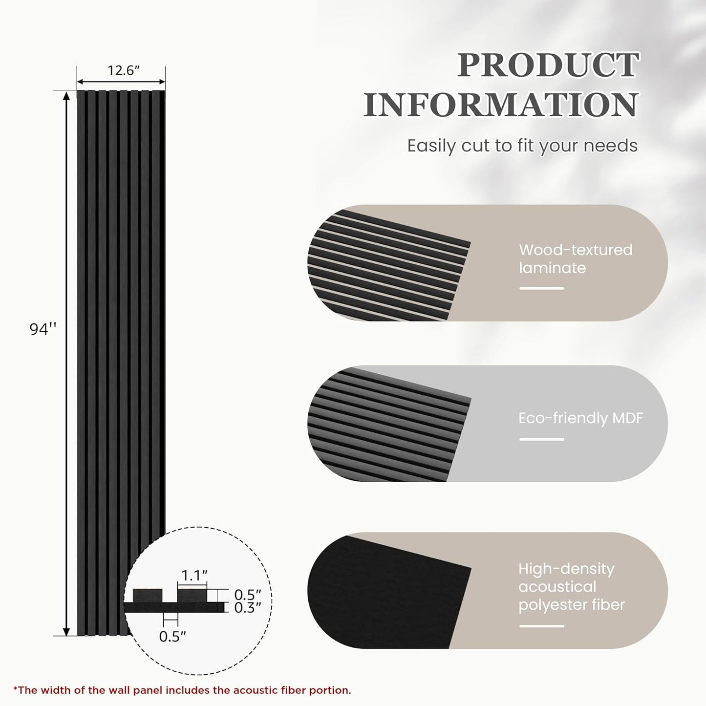 Wood Salt Acoustic Wall Panels, 4 Piece 94" x 12.6" x 0.8" Soundproof Wooden Wall Panels, 3D Fluted Sound Absorbing Panel, Matte Black