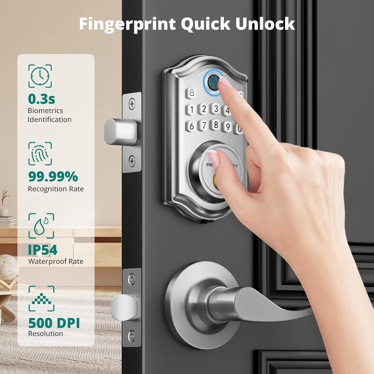 DS10 Keyless Entry Door Lock with Handle - 2 Lever Handles, Fingerprint Door Lock, Keypad Deadbolt, 2 Keys, Code, Smart Locks for Front Door, Auto-Lock, Easy Installation - Satin Nickel